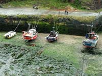 Boats beached in Boscastle Harbour at low tide